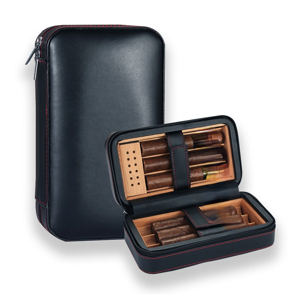 Pouch 6 Holders Cedar Wood Inside Moisturizing Packaging Storage Travel Portable Leather Cigar Humidor With Humidifier