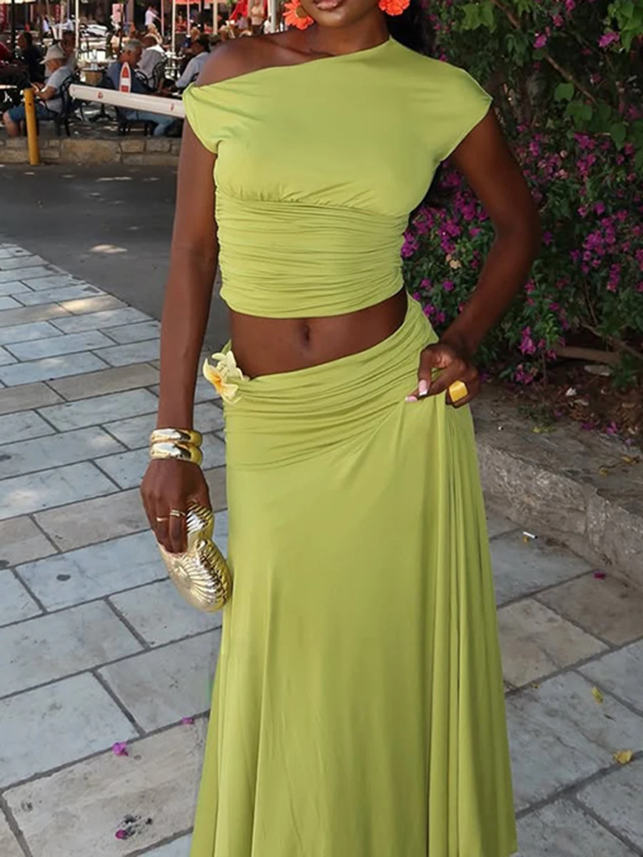 ZIML 솔리드 스플라이스 폴드 투피스 세트 여성용 사선 칼라 슬리브리스 숏탑 하이웨이스트 롱 스커트 캐주얼 세트