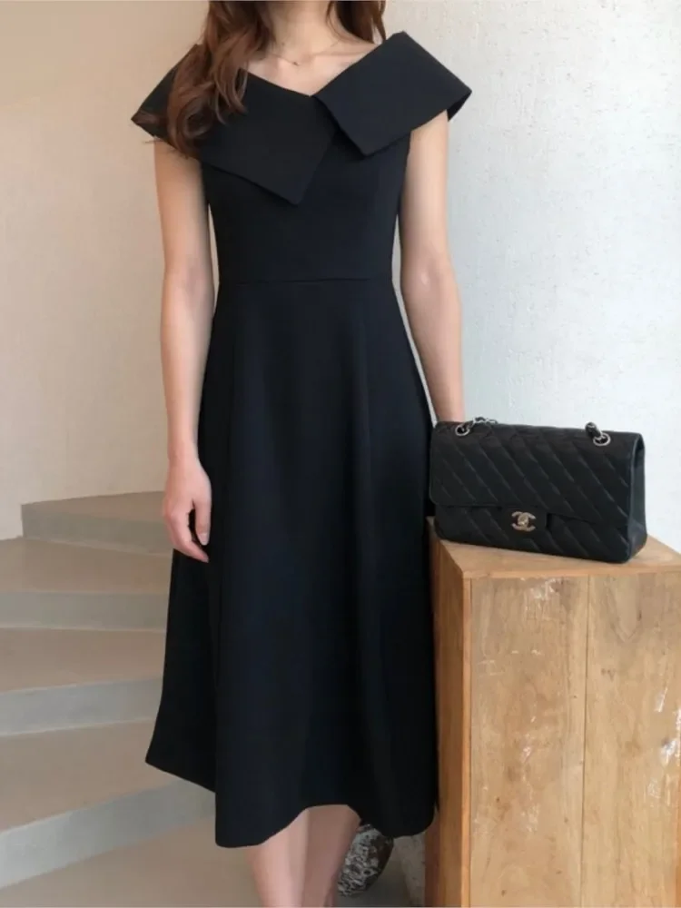 

Summer Pullover Midi Dress Women Elegant Fashion Ruffle Pleated Ladies Dresses Patchwork Irregular Collar Korean Woman Dress