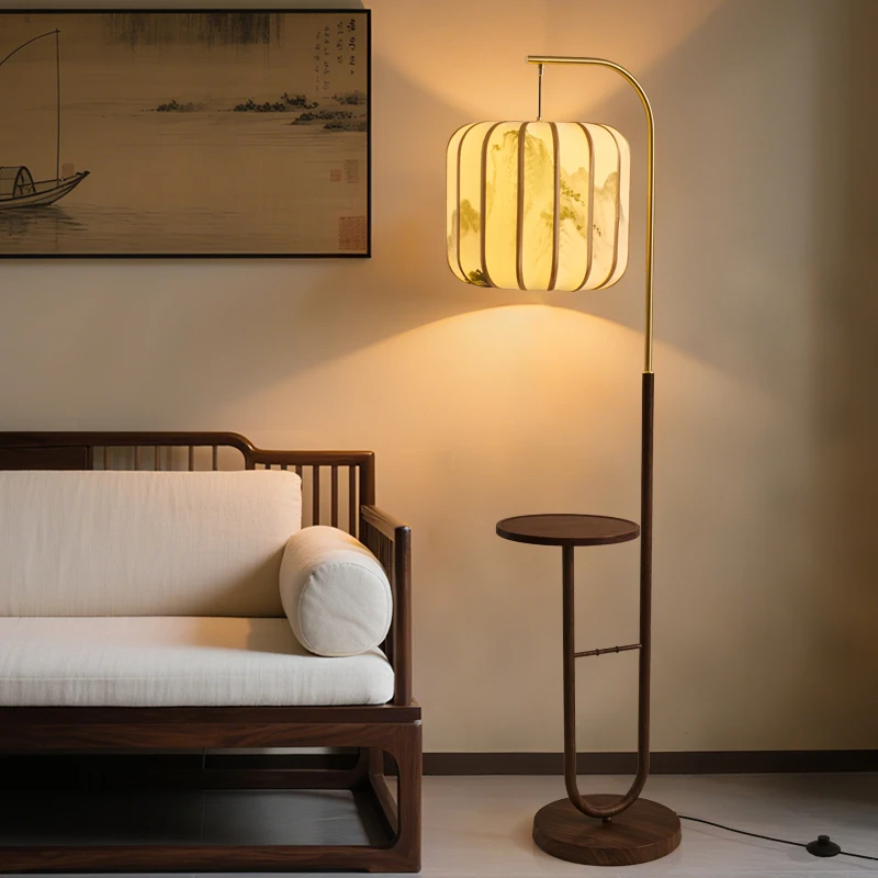 Japanese Retro Wooden Integrated Storage Rack Floor Lamp LED Living Room Office Bedroom Teahouse Study Homestay Standing Lights