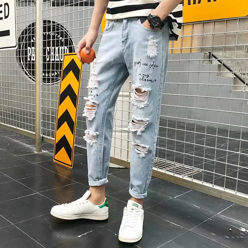

Trendy Loose Men's Jeans Korean Style Casual Pants Nine Points Breakdown Poor Style Jeans Summer Fashion Small Footed Pants