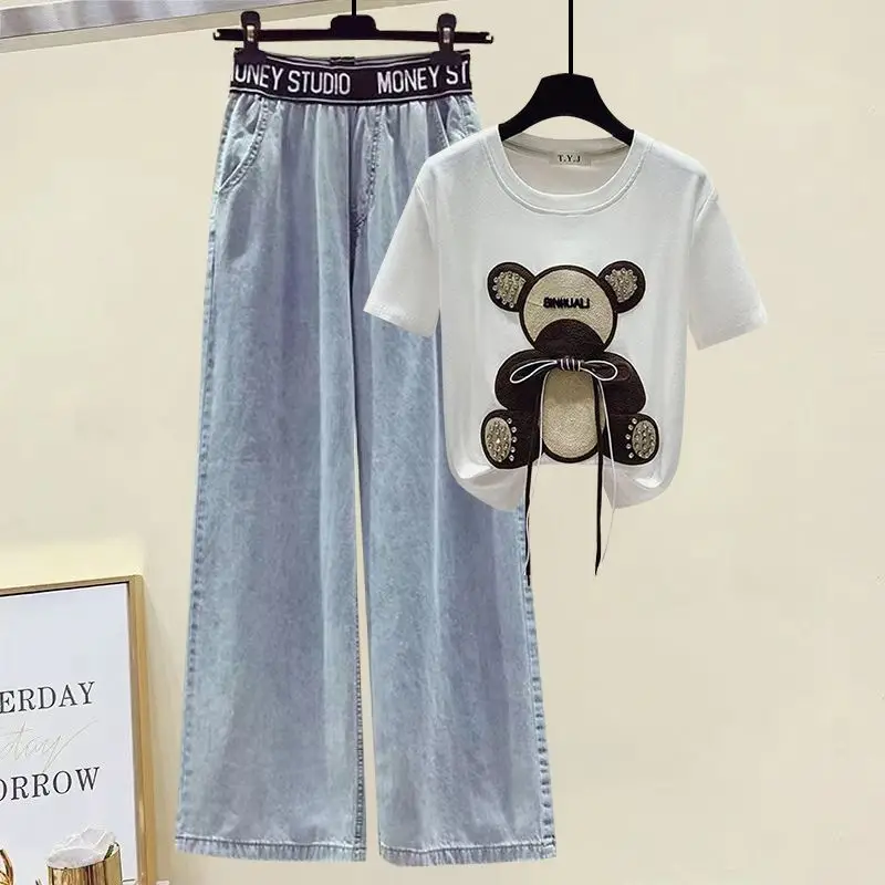 Women's Summer Jean Matching Set Korean Elegant Tie Up Diamond Cute Short Sleeve T-shirt High Waist Denim Pants Two Piece Suit