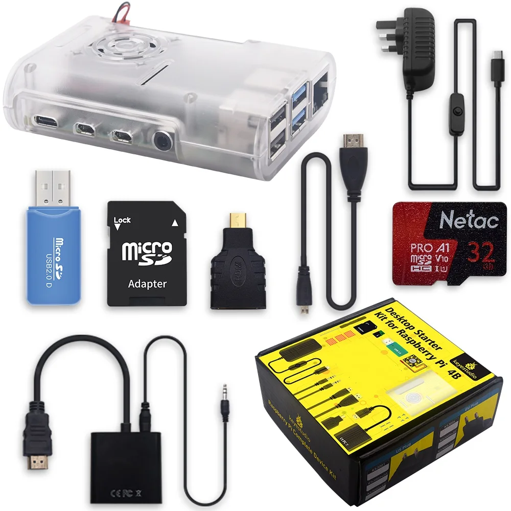 KEYESTUDIO Raspberry Pi 4B Kit Complete Starter Kit +UK/EU/AU/US Plug Power Supply for Raspberry Pi 4 Essential RPI KIT