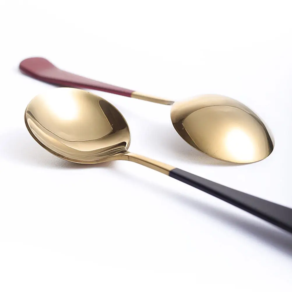 Juego de 5 cucharas de cerámica y acero inoxidable para niños, para sopa, arroz, porridge, cereales, postre, ramen, udon, wonton, tong sui, color rojo oscuro