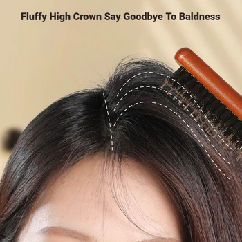 Natural Boar Bristle Wood Handle Hair Brush Anti‑static Scalp Massage Fluffy Hair Comb…