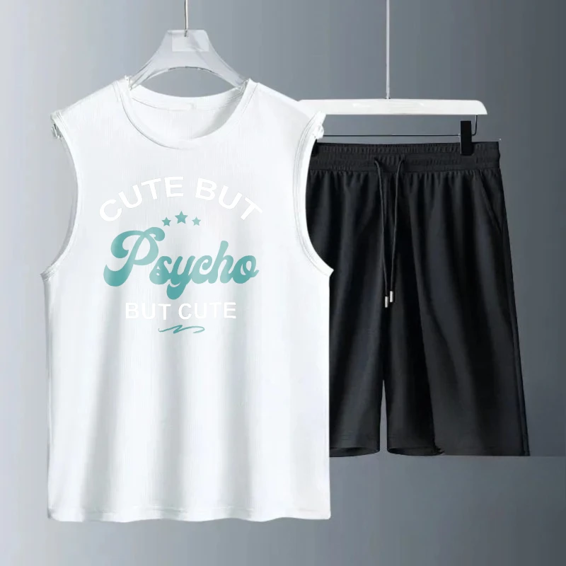 

Мужской костюм-жилет, летний комплект без рукавов с принтом Cute Psycho, майки + шорты, тренировочный костюм, мужской комплект Мужской костюм из двух предметов Quick