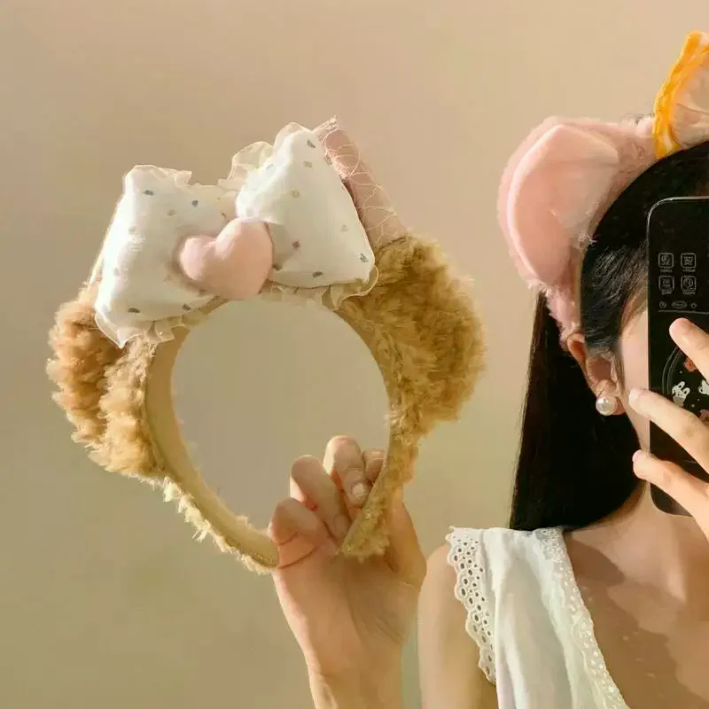 

Cartoon Bow Plush Ears Hairband Women's Cute Theme Park Makeup Accessory Face Wash Photo Headband