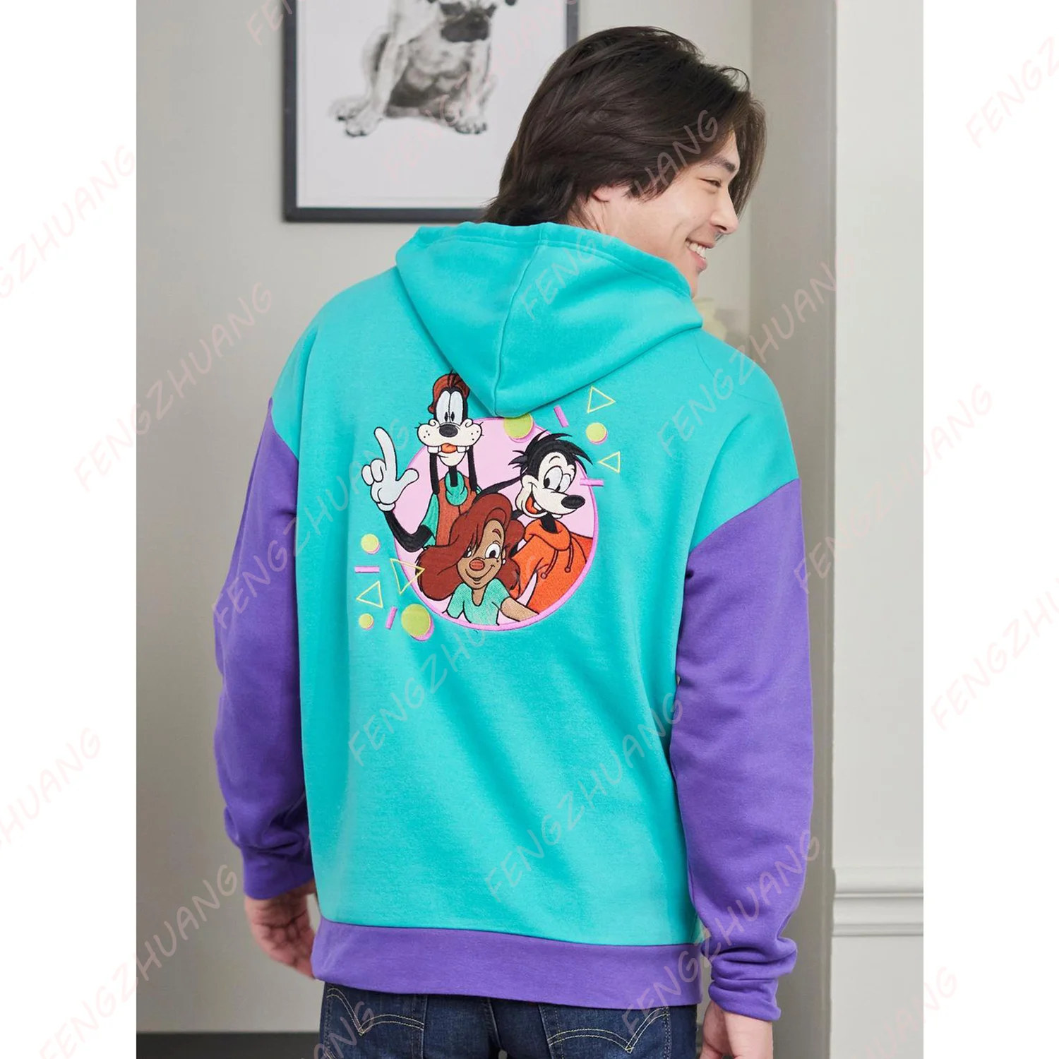 سويت شيرت بغطاء للرأس من Our Universe Disney A Goofy Movie Colorblock موضة جديدة للرجال والنساء بلوفر كاجوال فضفاض Sportwea #2