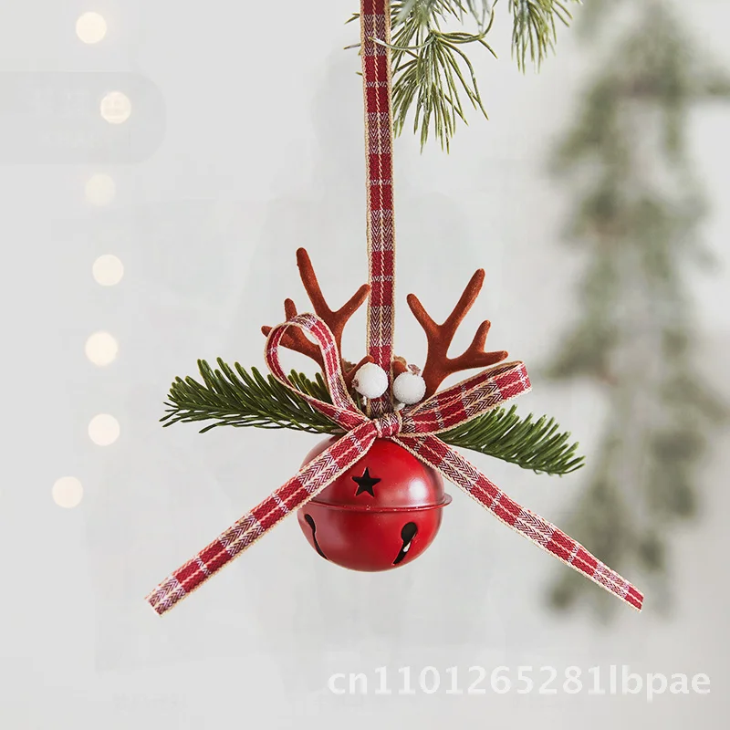 

Christmas Antler Bell Door Hanging Decoration with Red Bow Creative Arrangement Pendant for Holiday Tree Decor American Modern