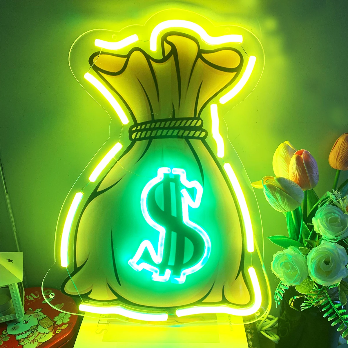 LED $ neon sign Money bag for wall decoration money LED neon dollar money neon for playroom bedroom birthday gifts