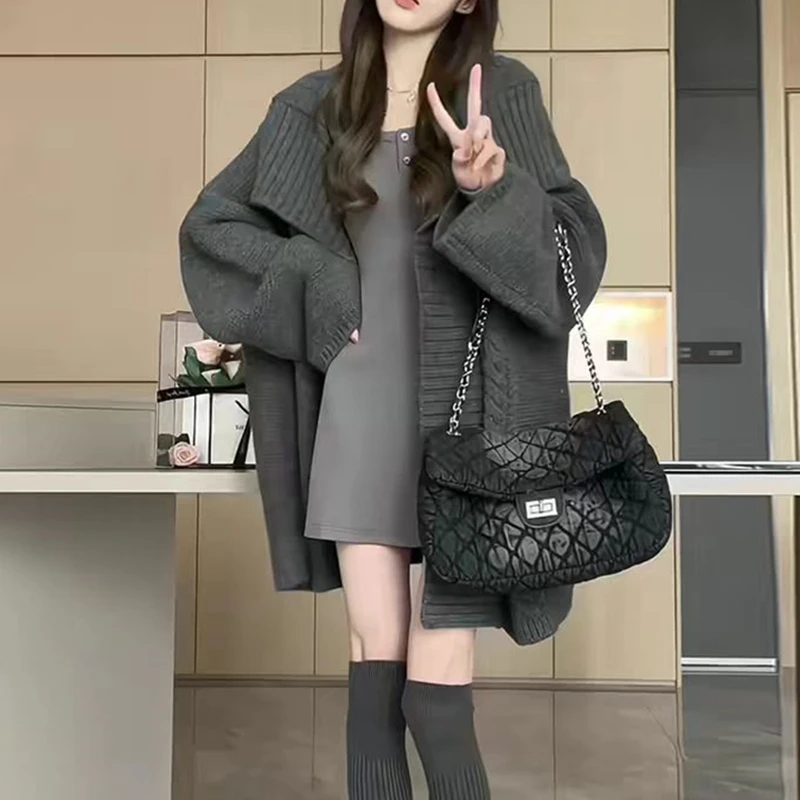 

MiiiiX Lazy Style Mid-length Sweater Jacket Women's Cardigan Autumn 2024 New Loose Versatile Casual Knitwear Female Clothes