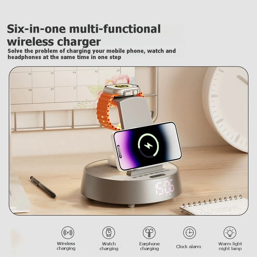 B04C-Wireless Charging Station With 6 In 1 Alarm Clock Function, For Bedroom, Dimmable Night Light& Bluetooth Speaker