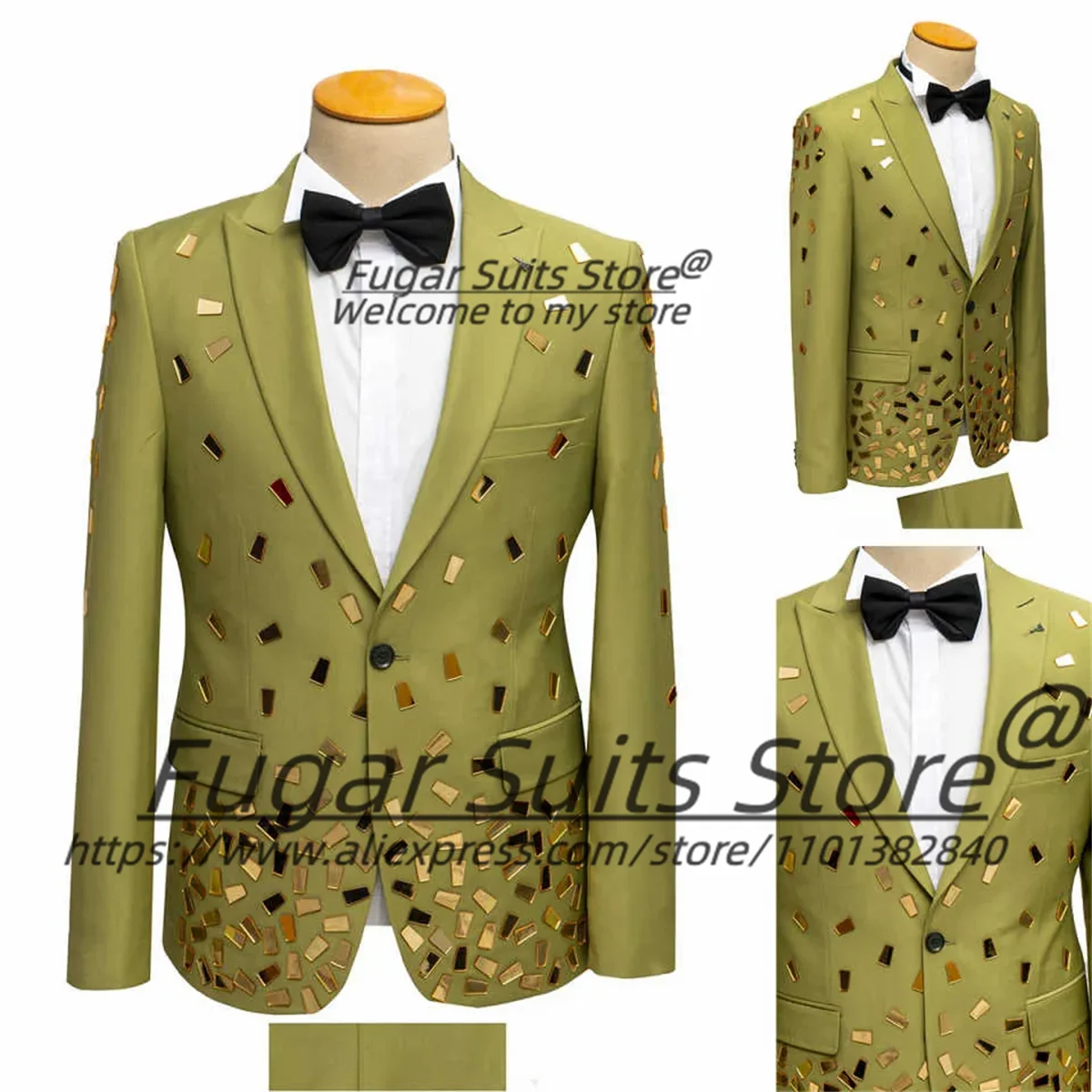 

High-end Rhinestone Green Men Suits Customized Slim Fit Peak Lapel Groom Wedding Tuxedos 2Pcs Sets Male Prom Blazers Ropa Hombre