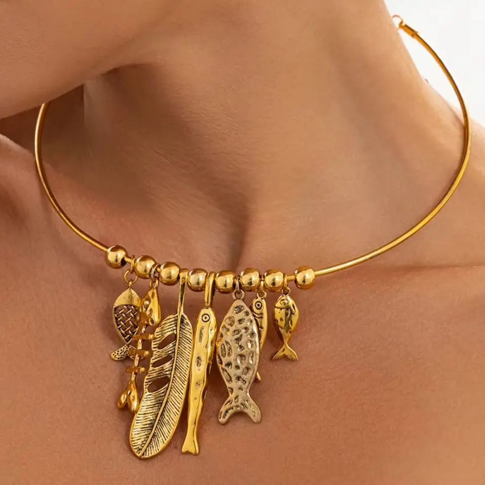 SHIXIN Creative Exquisite Gold Color Feather Texture Fish Pendant Necklace Women Adjustable Copper Choker Daily Jewelry Accessor