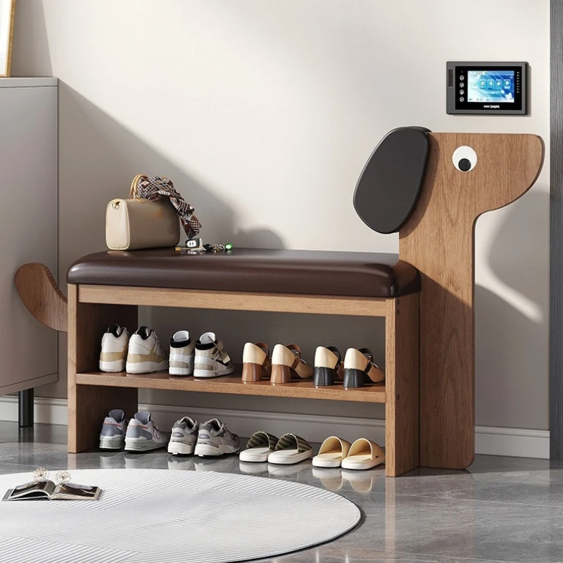 Door Dog Shoe Stool Multi-Layer Shoe Rack with Cushion Seat Space-Saving Entryway Organizer Modern Hallway Bench with Shelves