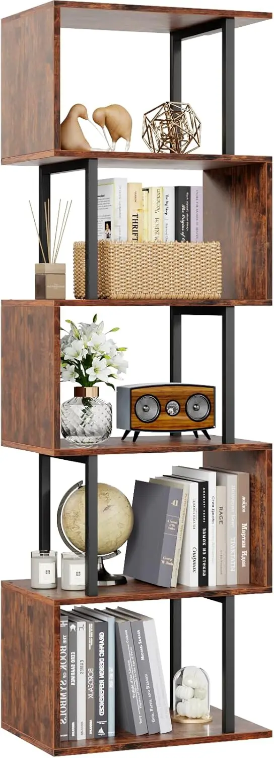 

6 Tier Tall S-Shaped Bookshelf, Modern Wooden Metal Display Rack for Living Room Bedroom Office, Rustic Brown
