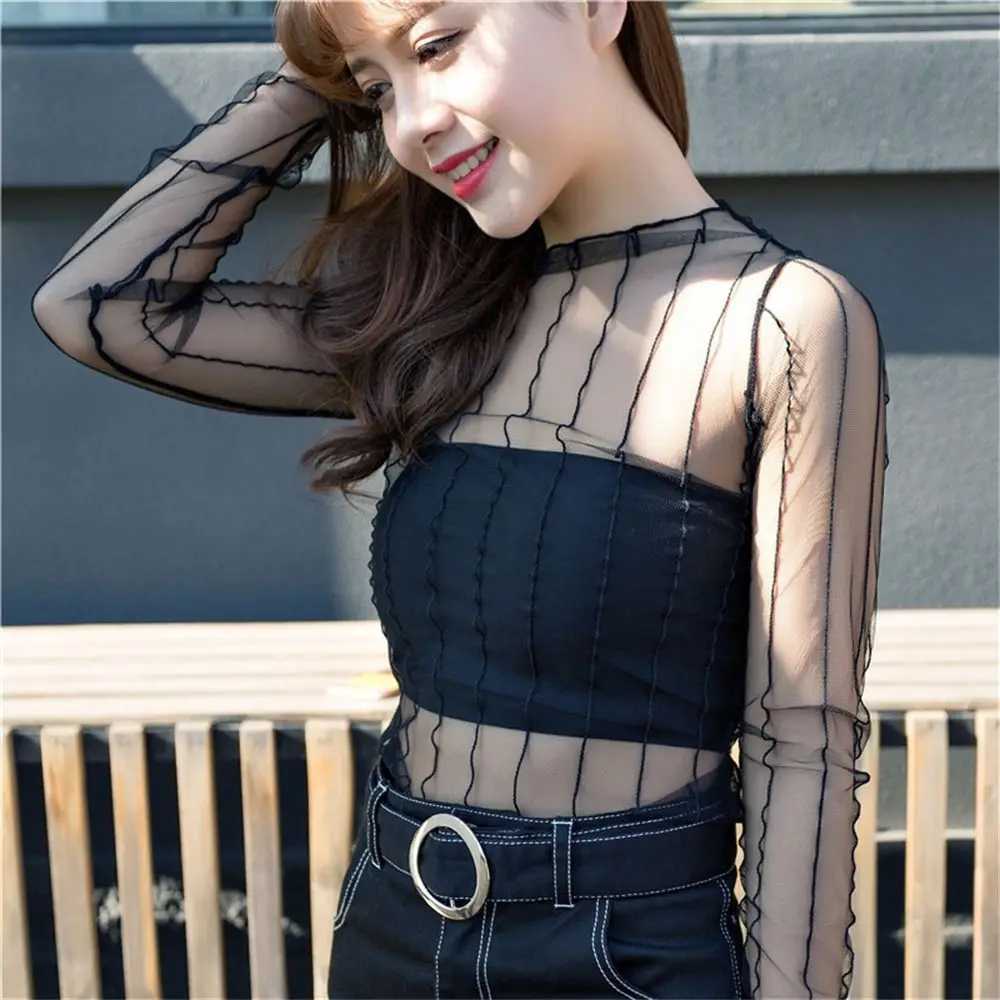 

Fashion See-Through Lace T Shirt Long Sleeve Turtleneck Mesh Ladies Tops Sheer Black Floral Transparent T-shirt Women Girls