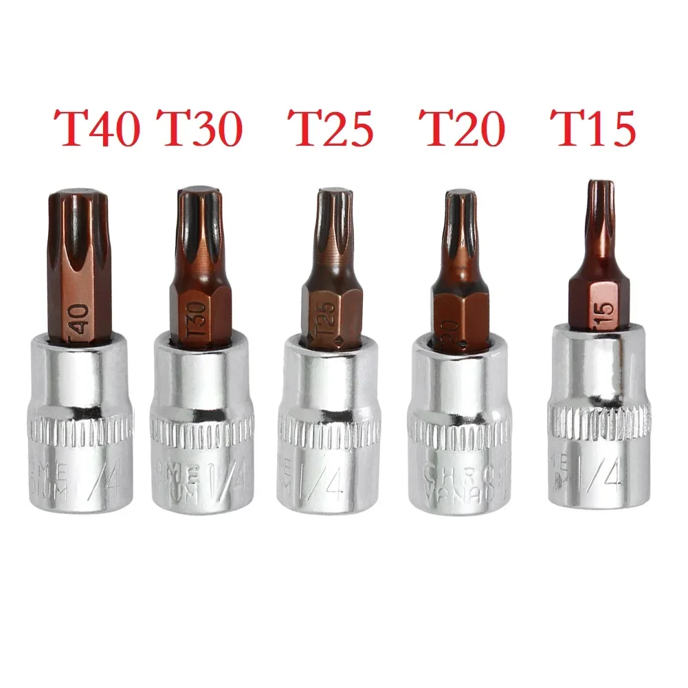 5Pcs Socket Wrenches Screwdriver Bits Hex Shank T15/T20/T25/T30/T40 Torx Screwdriver Bit Accessories 1/4 Inch Drive Socket Head