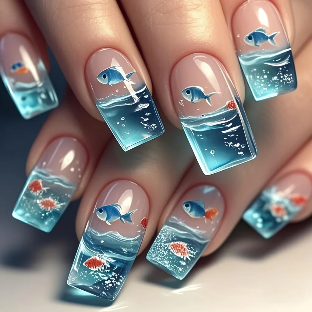 24Pcs Fantasy Ocean False Nails Ballet Purple Gradient Press on Nails Sets Coffin with Dolphin Pattern Stick on Fake Manicure