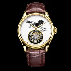 AESOP Tourbillon Skeleton Watch For Men Double-Sided Gemstone Glass Fine Steel Case Waterproof Mechanical Watches Ink Painting H