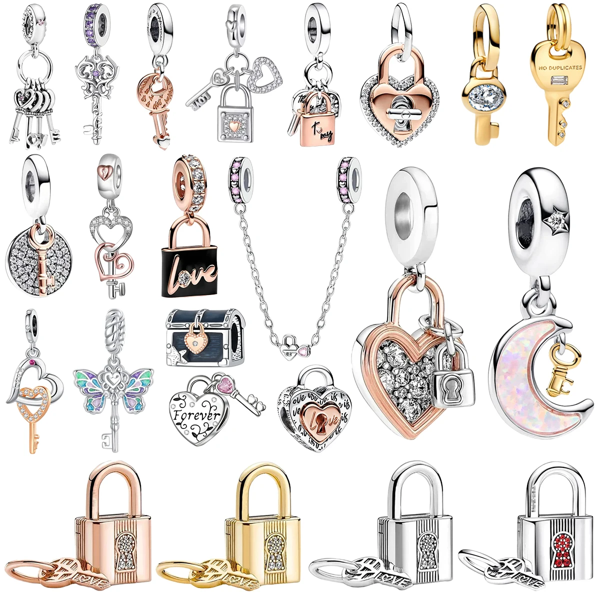 

925 Sterling Silver Key Lock Charms Heart Love Forever Butterfly Treasure Chest Moon Beads Fit Bracelet Jewelry Gift for Women