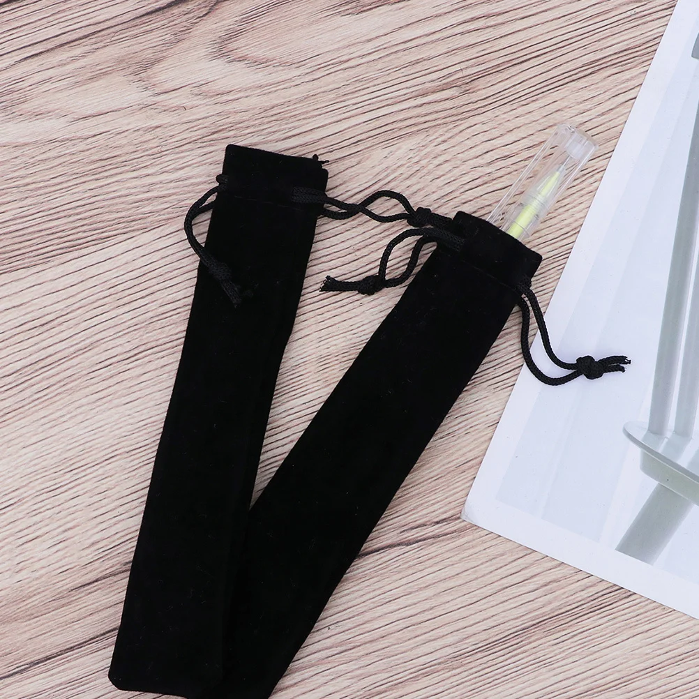 5pcs Pen Pouch Black Sturdy Lint Storage Drawstring Closure Single Pen Sleeve Flannelette Gift Bag For Office School Desk