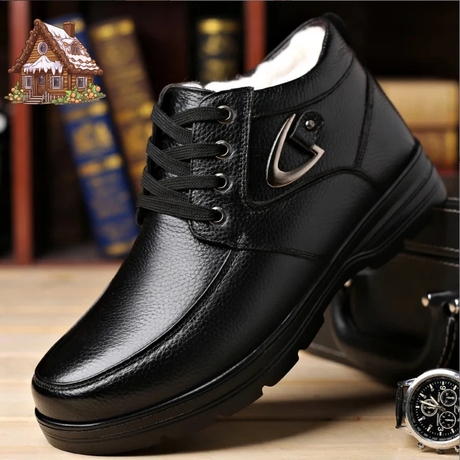 

New in Men's Genuine Leather Boots Winter Snow Shoes Wool Inner Anti slip Father Ankle Boots Waterproof Warm Man Cotton Boot