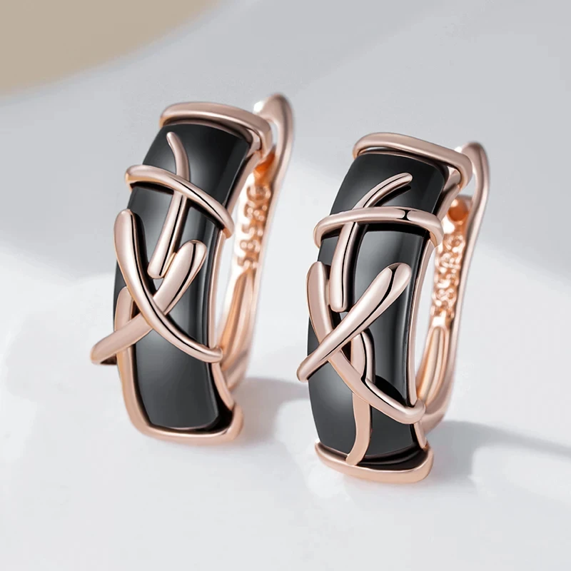 Wbmqda 19*7mm Black Ceramics Drop Earrings For Women 585 Rose Gold Color Fashion Jewelry Accessories Gift