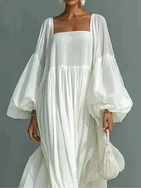 Women's Flowy Elegant Long Dress Square Neck Lantern Sleeve Loose Fit Slimming Dresses Spring Summer Vacation Matching Set view 4