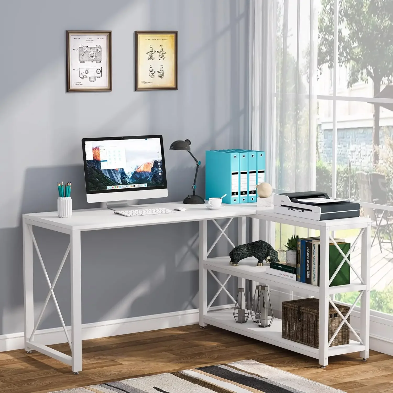 

Reversible Industrial L-Shaped Desk with Storage Shelves, Corner Computer Desk PC Laptop Study Table Workstation