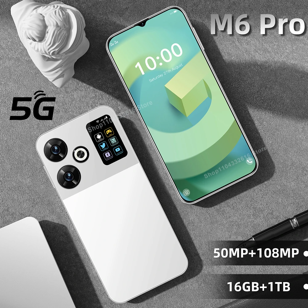 2024 Original M6 Pro 7.3 HD Screen Smart Phone 22G+2T 5G Dual Sim Celulares Android Unlocked 108MP 8000mAh Mobile Phones