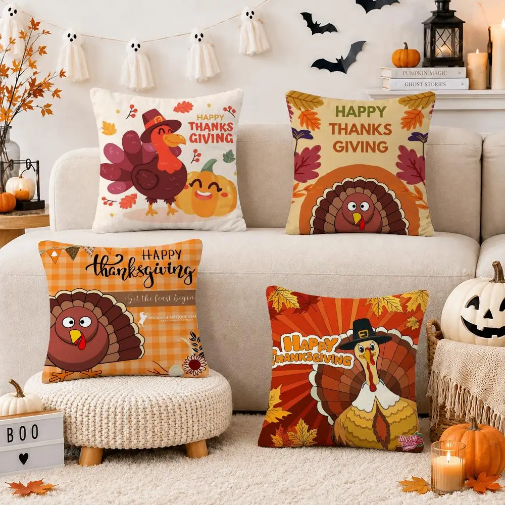 Thankful Festival Turkey Cushion Cover Soft Short Plush Double-Sided Printing Sofa Home Decor Festival Pillow Case Gifts