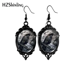 2024 New Raven Crow Stained Glass Dangle Earring Black Lace Earrings Oval Glass Photo Jewelry Gifts Party