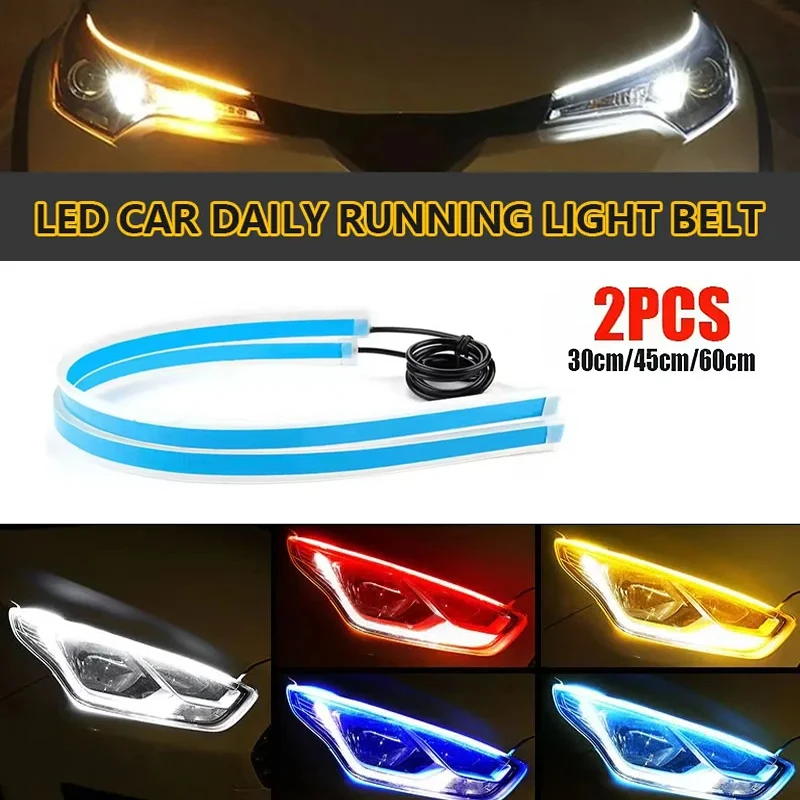 2Pcs LED DRL Car Daytime Running Light Flexible Waterproof Auto Headlights Flowing White Turn Signal Lights Yellow Brake Lamp