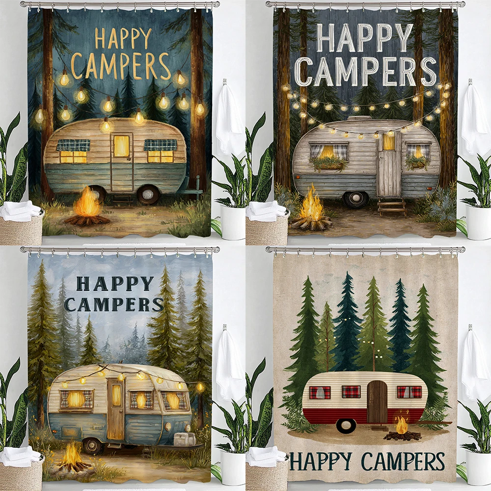 

Занавеска для душа с принтом «Счастливые кемперы» в скандинавском стиле, декоративная занавеска для ванной комнаты, подвесная занавеска с крючками, машинная стирка
