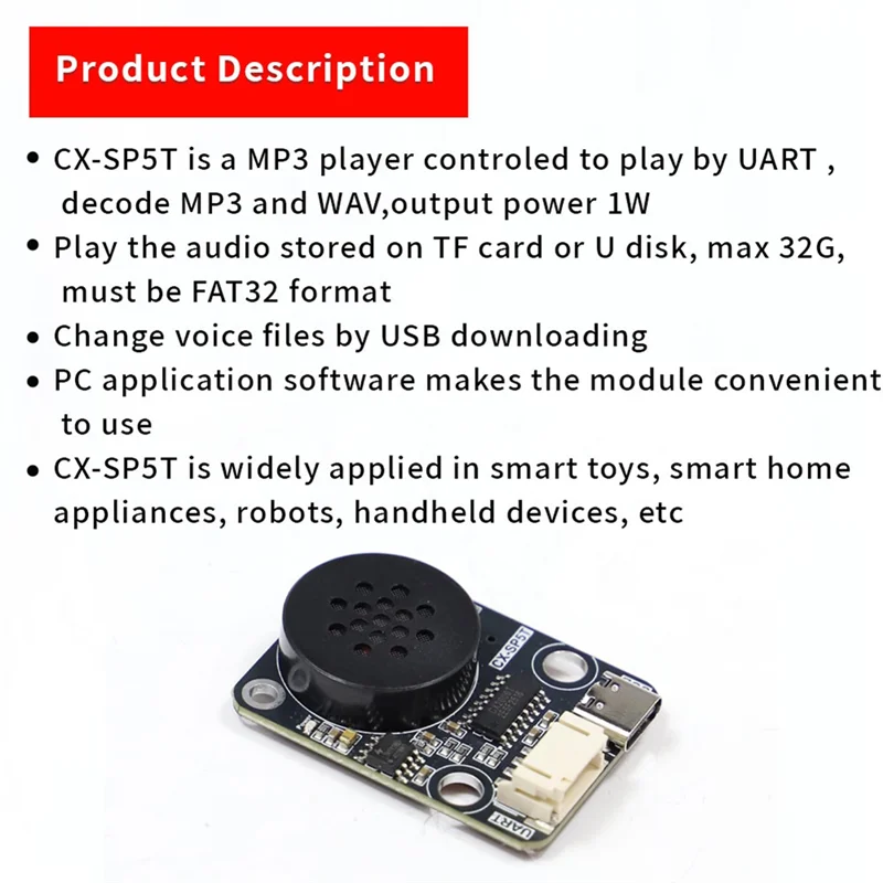 【Ограниченный на складе!】Комплект разработки CX-SP5T Модуль воспроизведения голоса MP3 UART Управление последовательным портом Интеллектуальная голосовая трансляция Voice Pla