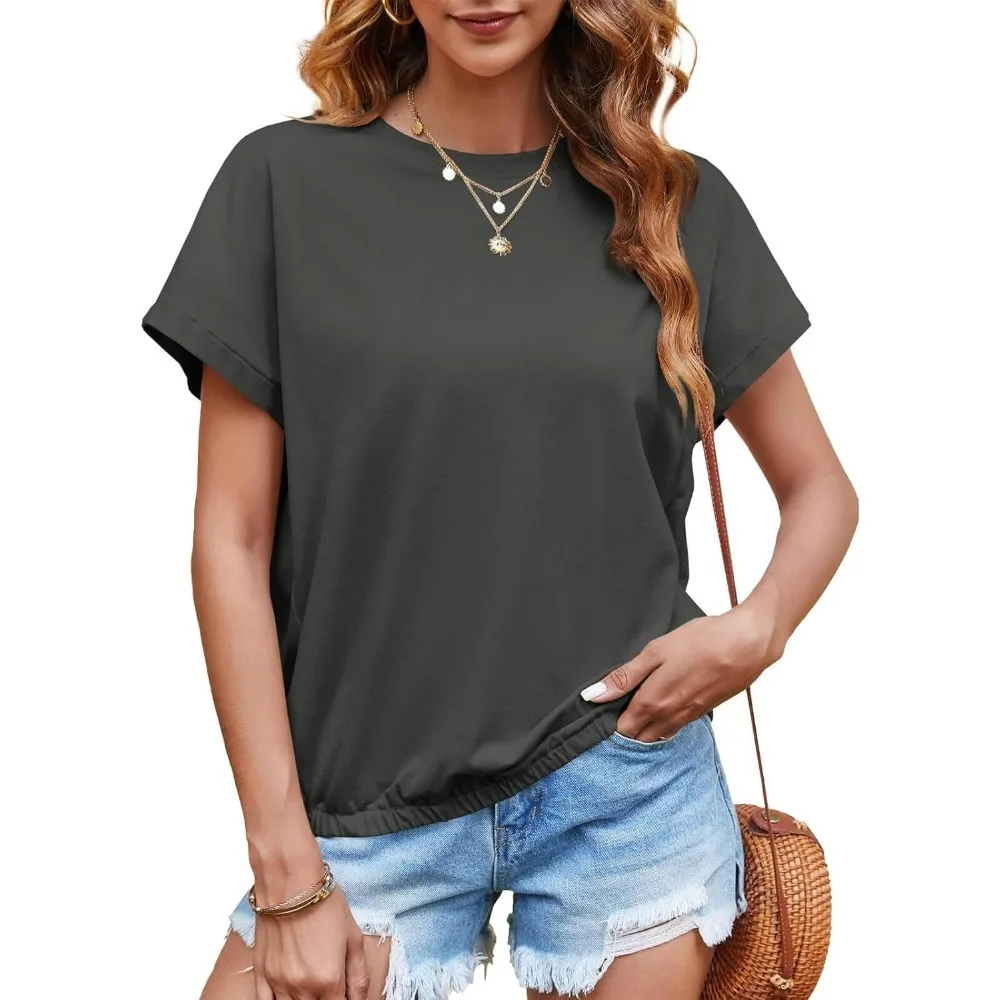 

Women Short Cap Sleeve Tops Summer Casual Banded Sweatshirt Crew Neck Loose Fit T-Shirts