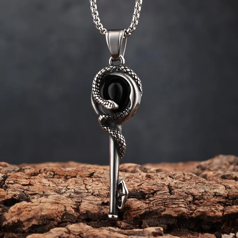 Vintage Aged Coiled Snake Key Pendant Necklace Titanium Steel Dark Style Serpent Key Hip Hop Jewelry
