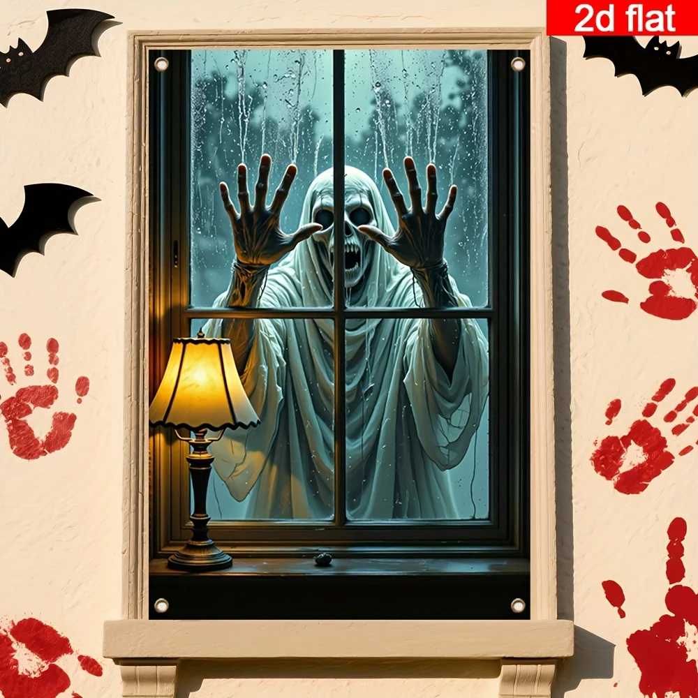 The material is white fabric with a terrifying image embedded on it, creating a frightening scene.