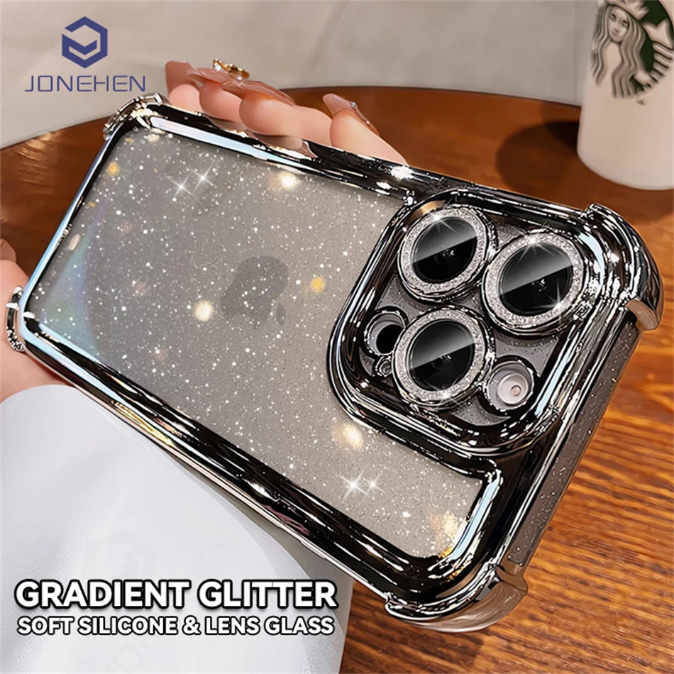 Luxury Transparent Glitter Clear Shockproof Case For iPhone 12 13 14 Plus 15 16 Pro Max Electroplated Gold Bumper Silicone Cover
