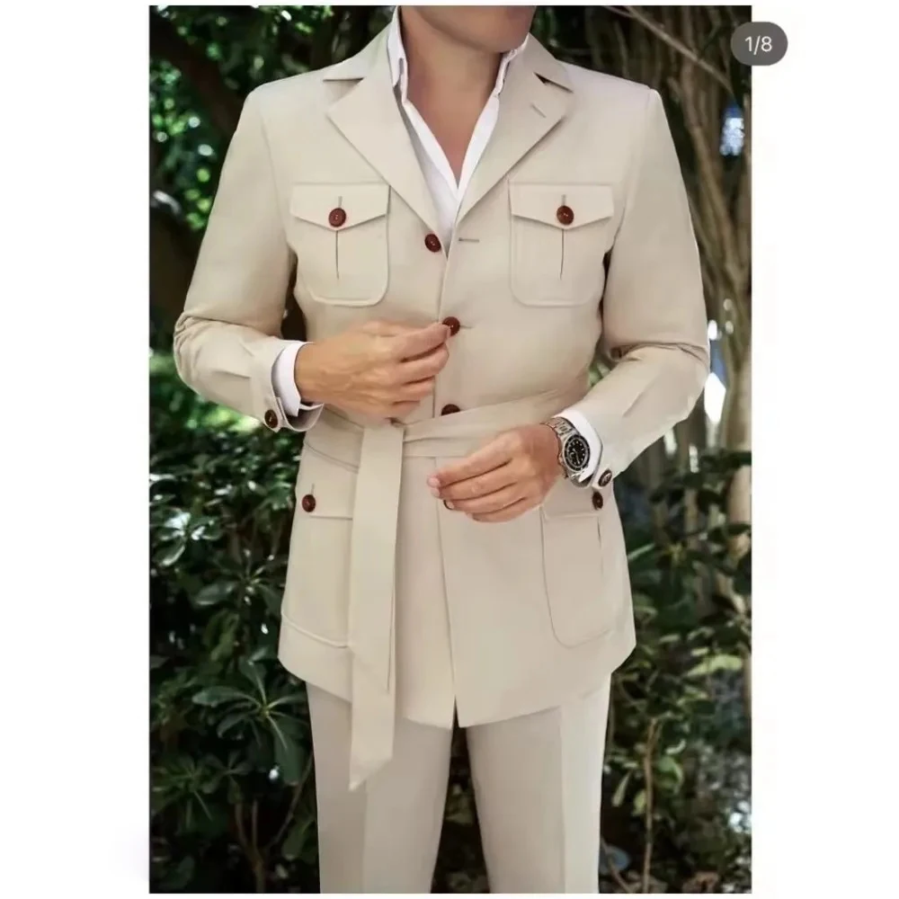 

Safari Men Suits Men Formal Meeting 2 Pcs Regular Length With Belt Business Wear Wedding Groom Custom Jacket Pants ropa hombre