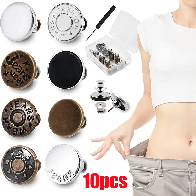 10pcs Detachable Jeans Buttons Adjustable Free Waist Retro Metal Button No Sewing Pants Buckles Screw Repair Kit Screwdriver