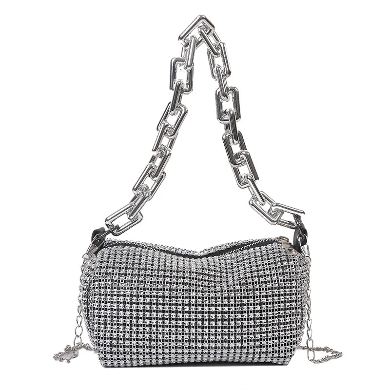 Torebka typu bucket bag z dżetami, brokatowa torebka na studniówkę z łańcuszkiem, damska mini torebka crossbody (16*9 cm) — zdjęcie 7
