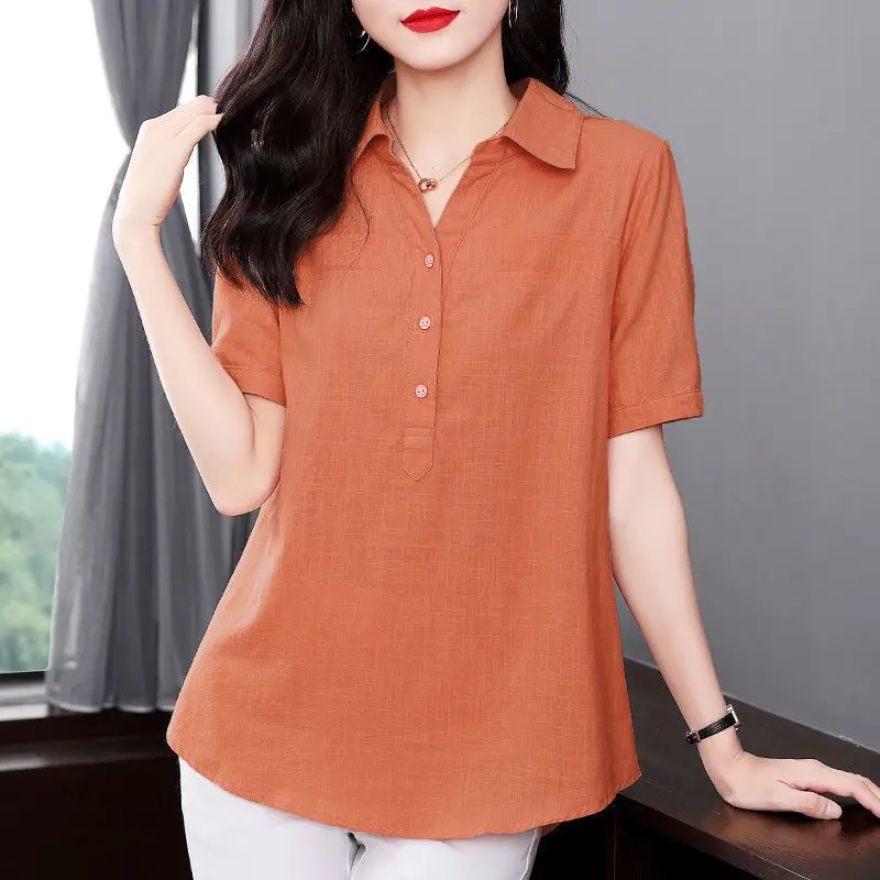 Camisa de linho de algodão extragrande feminina, manga curta, solta, casual, confortável, blusa feminina simples na moda, verão, 2023