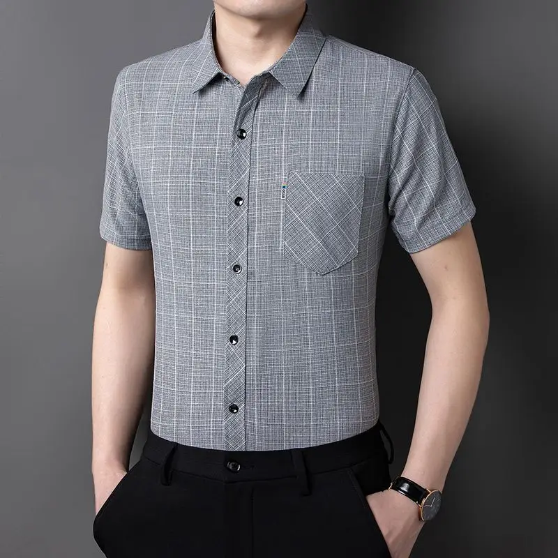 Men's Plaid Short Sleeve Shirt Summer Button Down Non Iron Wrinkle Free Breathable Tops for Middle Aged Father Premium Quality