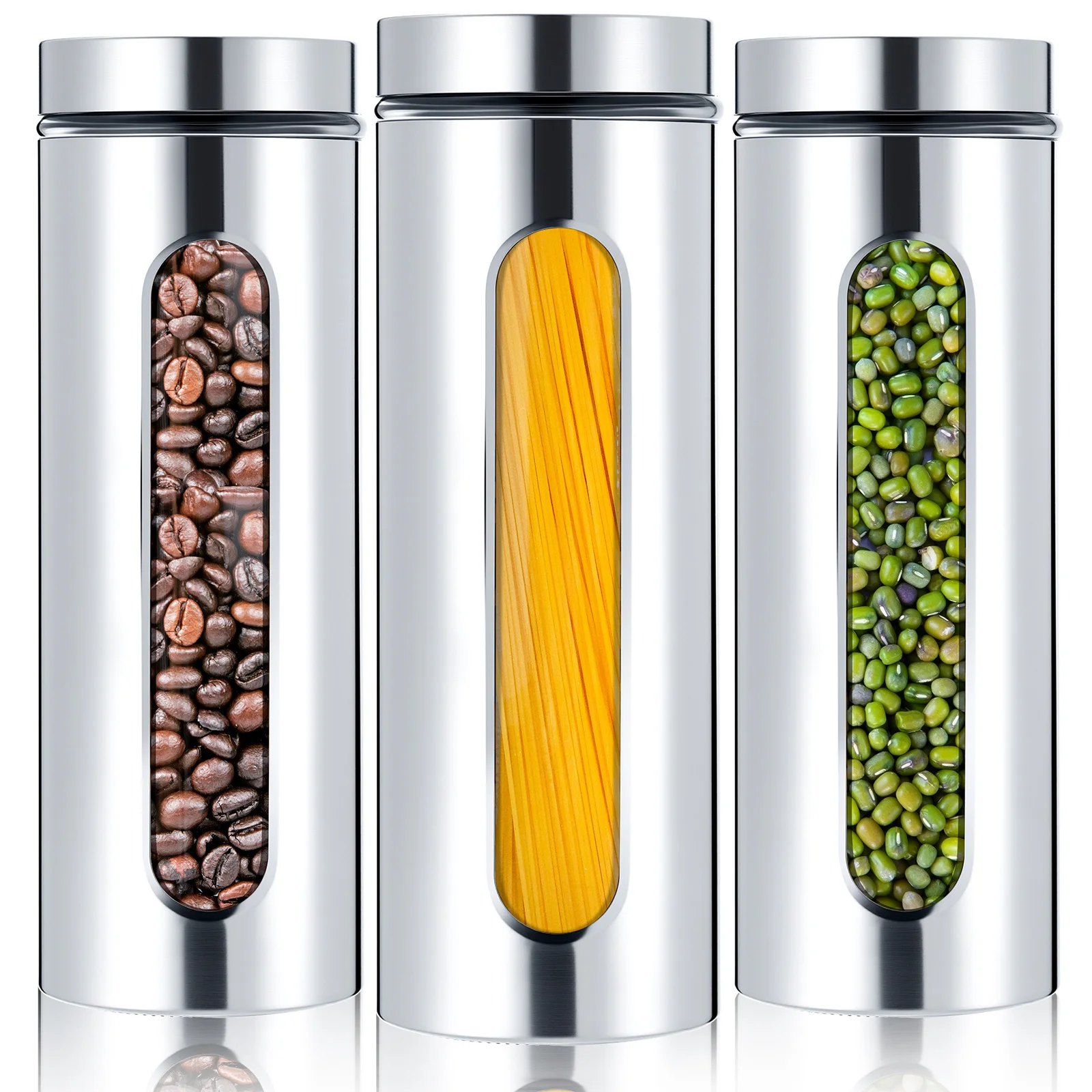 

Set of 3 Stainless Steel Storage Jars with Glass Windows, Perfect for Keeping Pasta, Flour, Oats, And Sugar. A Stylish Addition to Your Kitchen Tools And a Great Housewarming Gift (60 Oz)