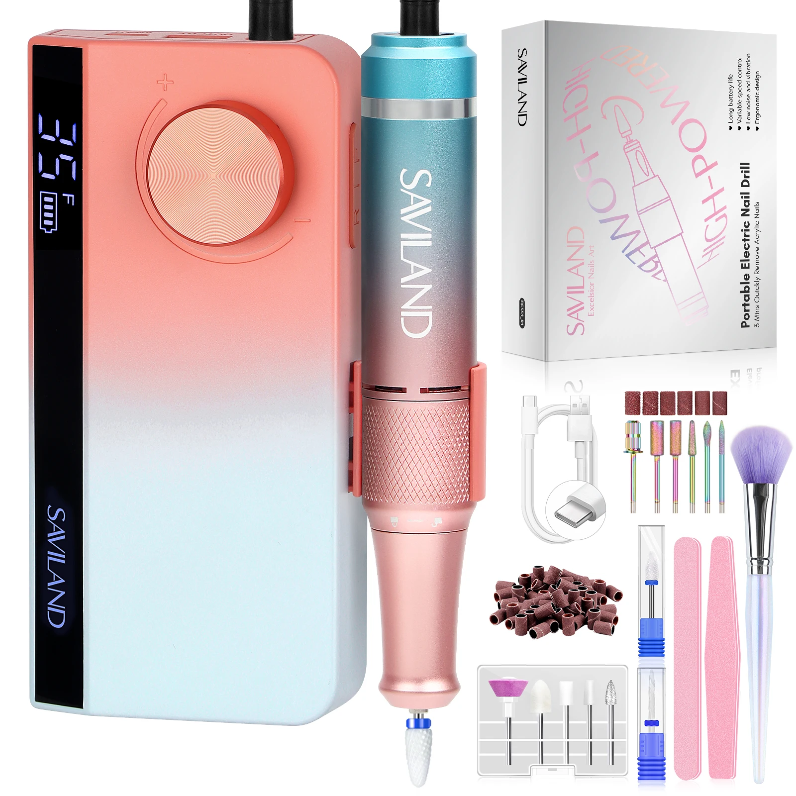 SAVILAND 40000RPM Broca de Unhas Profissional 2025 Máquina de Salão Portátil Atualizada para Manicure Pedicure com Gradiente Cor do Pôr do Sol