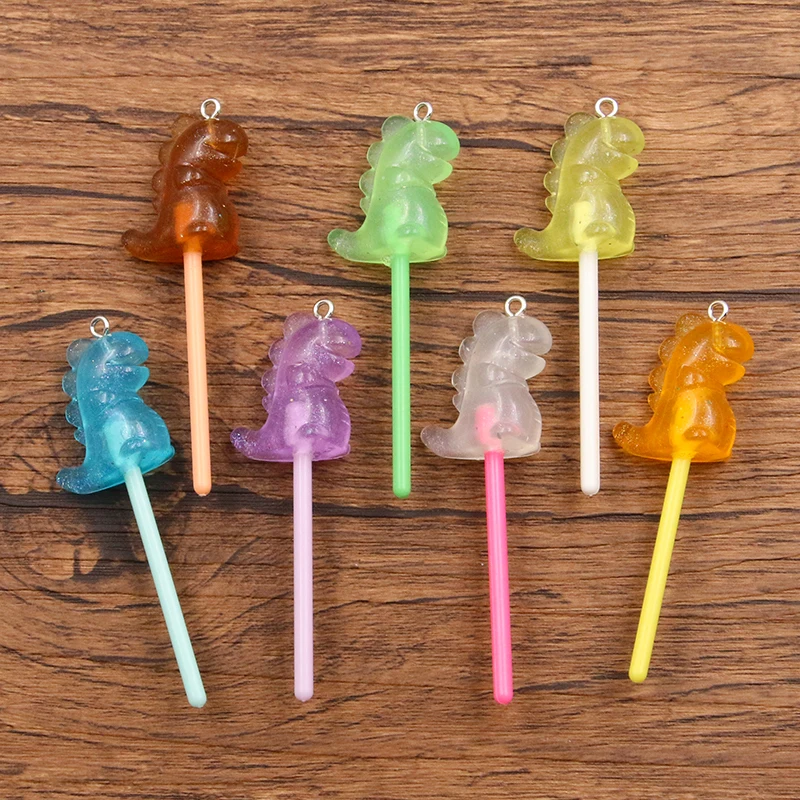 10Pcs 21*69MM 7 Color Noctilucent Animal Dinosaur Lollipop Resin Charms For Earring Kawaii 3D Keychain Jewelry Making