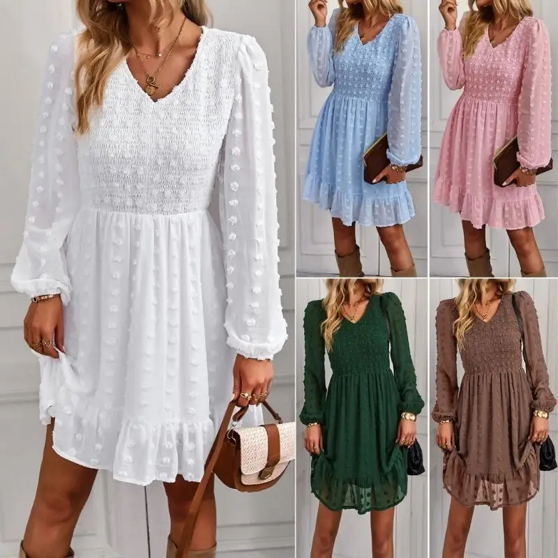 

L38E Женское элегантное свободное платье миди с пышными рукавами и v-образным вырезом и гофрированными сборками в швейцарский