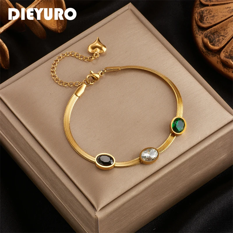 DIEYURO 316L acciaio inossidabile bianco nero verde zircone serpente bracciale a catena piatta per le donne Vintage affascinante gioielli da polso